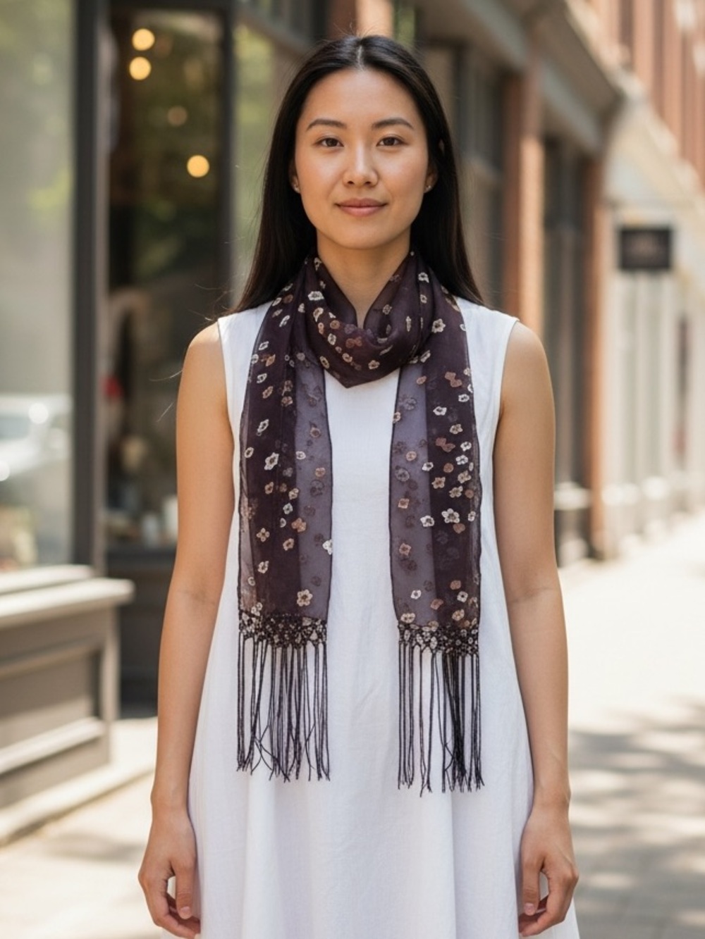 NWT Ten Thousand Villages Lightweight Sheer Beaded Tassel Oblong Scarf in Plum